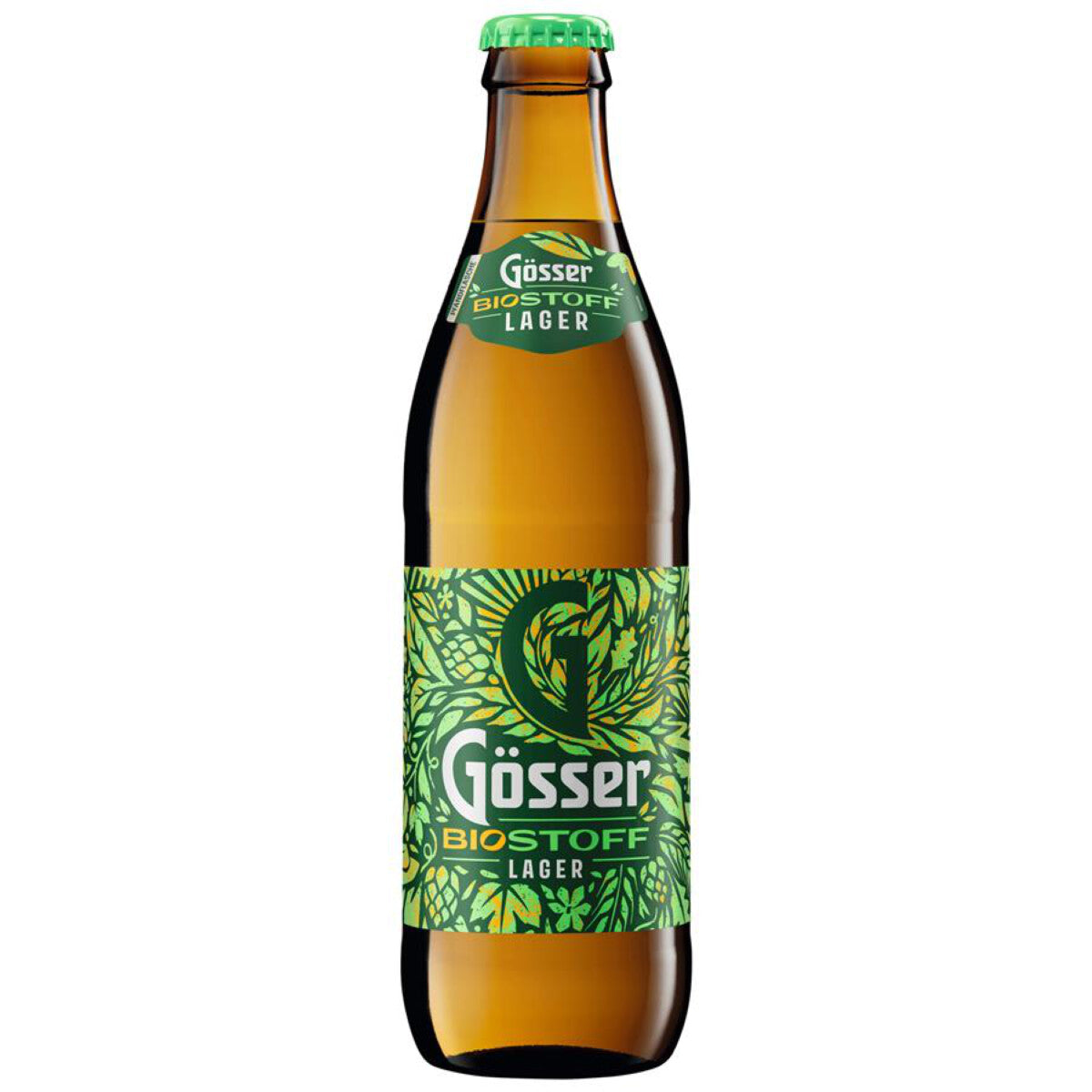 ine Flasche Gösser Biostoff-Bier mit grünem Etikett, das Gösser-Logo und den Schriftzug "Biostoff" zeigend. Die Flasche ist umgeben von frischen Hopfen und Getreide, die die natürlichen Zutaten und die Bio-Qualität des Bieres symbolisieren.